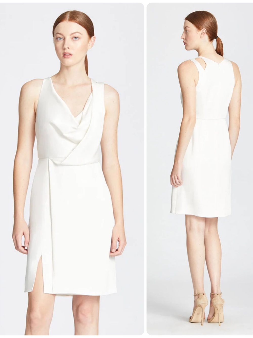 HALSTON Chalk White Satin Draped V-Neck Slip Cocktail Mini Dress NWT $635